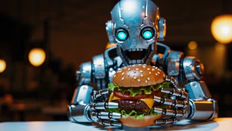 a futuristic robot with glowing blue eyes sits at a sleek diner table, holding a large, sesame seed-topped burger filled with cheese, lettuce, and tomatoes. the atmosphere is vibrant, with soft lighting creating a welcoming environment. the robot's mechanical hands carefully grasp the burger as it p