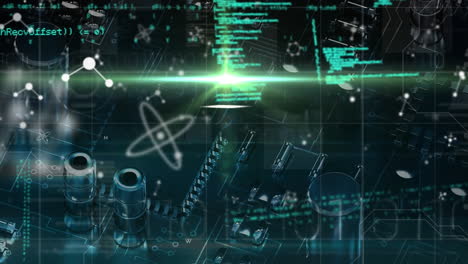 Animation of network of connections with molecules in digital black space with data processing