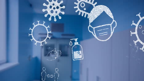 los iconos del concepto de coronavirus contra el hospital vacío