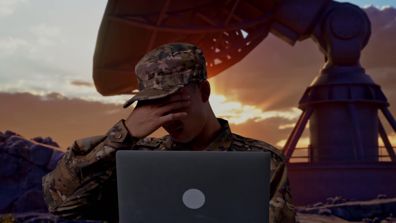 Close Up Of Asian Man Soldier Using A Laptop And Having A Headache While Standing With Satellite Dish