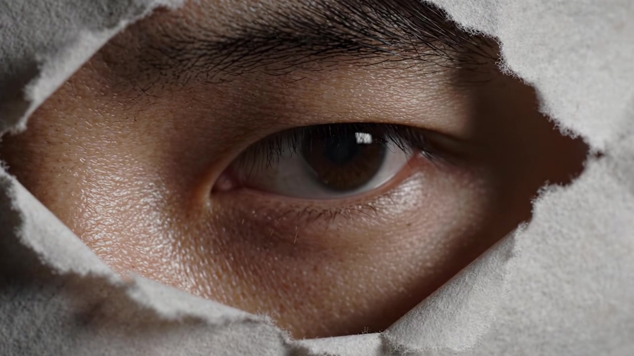 Gros plan sur un œil intrigant regardant à travers du papier déchiré, capturant l'expression et l'intensité dans une perspective unique de secret et de découverte