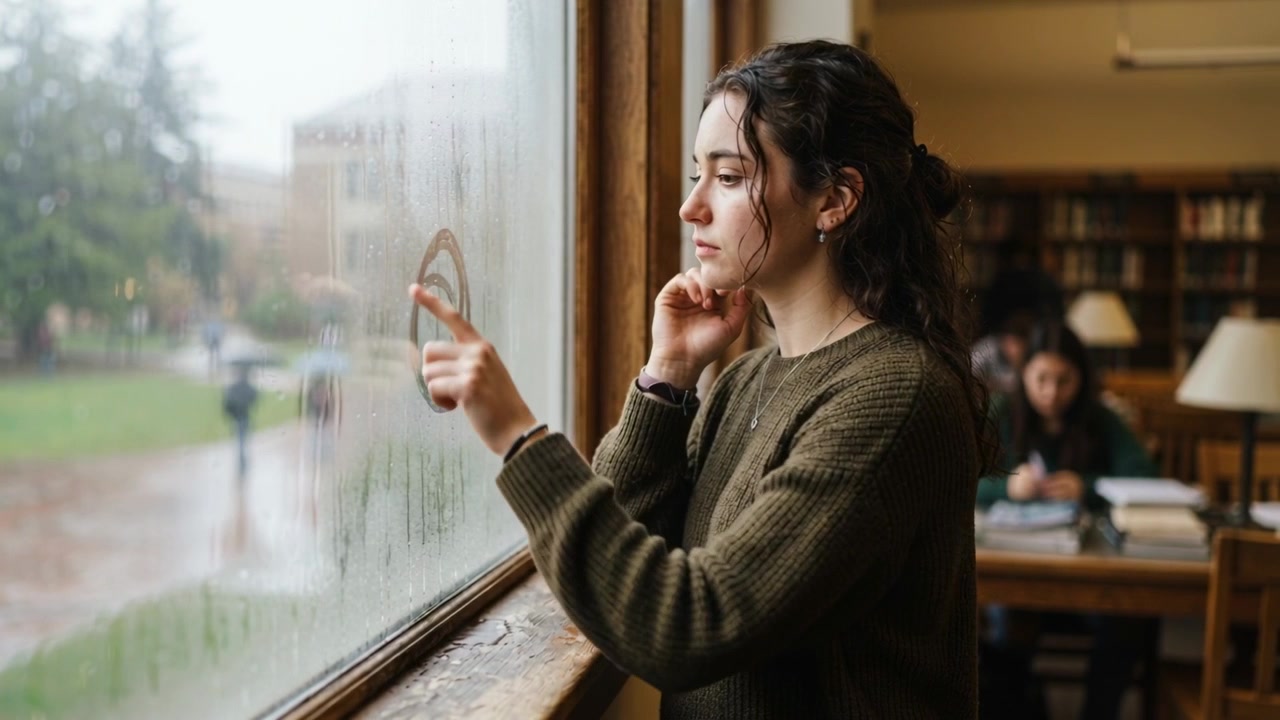 Mulher traçando círculos em janela molhada pela chuva em sala de estudo, vestindo suéter verde-oliva, com espaço para texto.