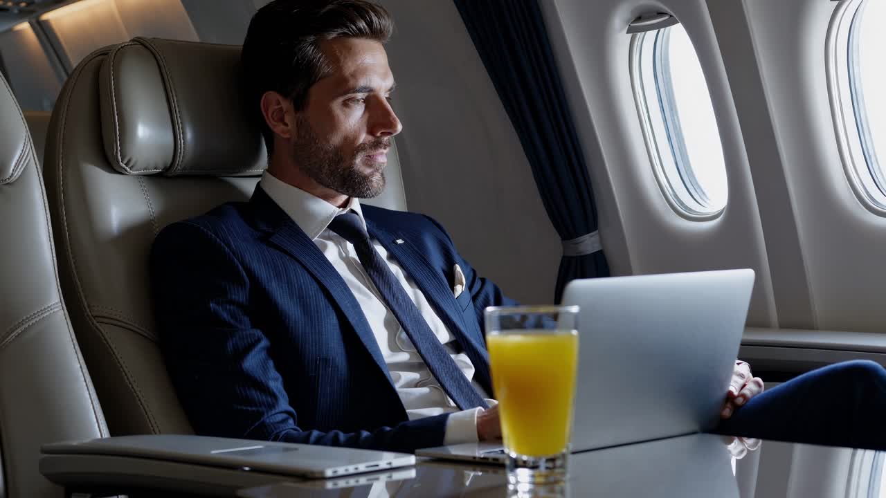 Uomo d'affari che lavora al portatile in un jet privato