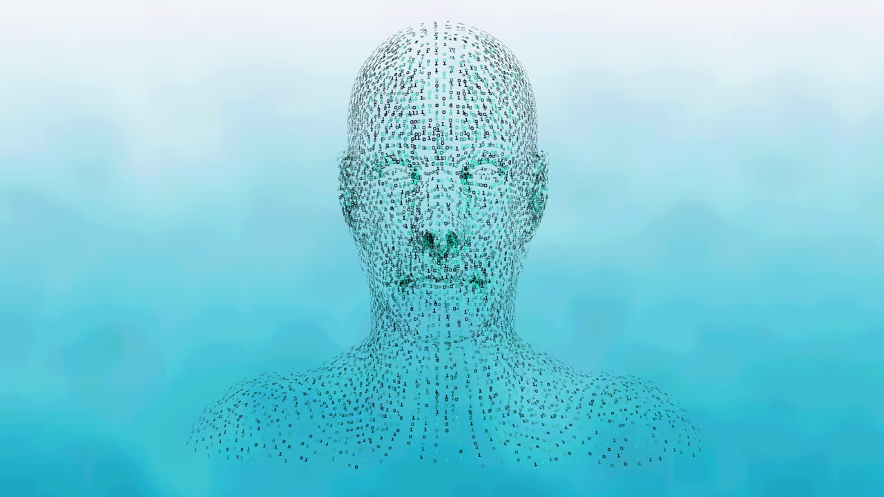 animación de la cabeza humana formada con codificación binaria girando sobre fondo azul