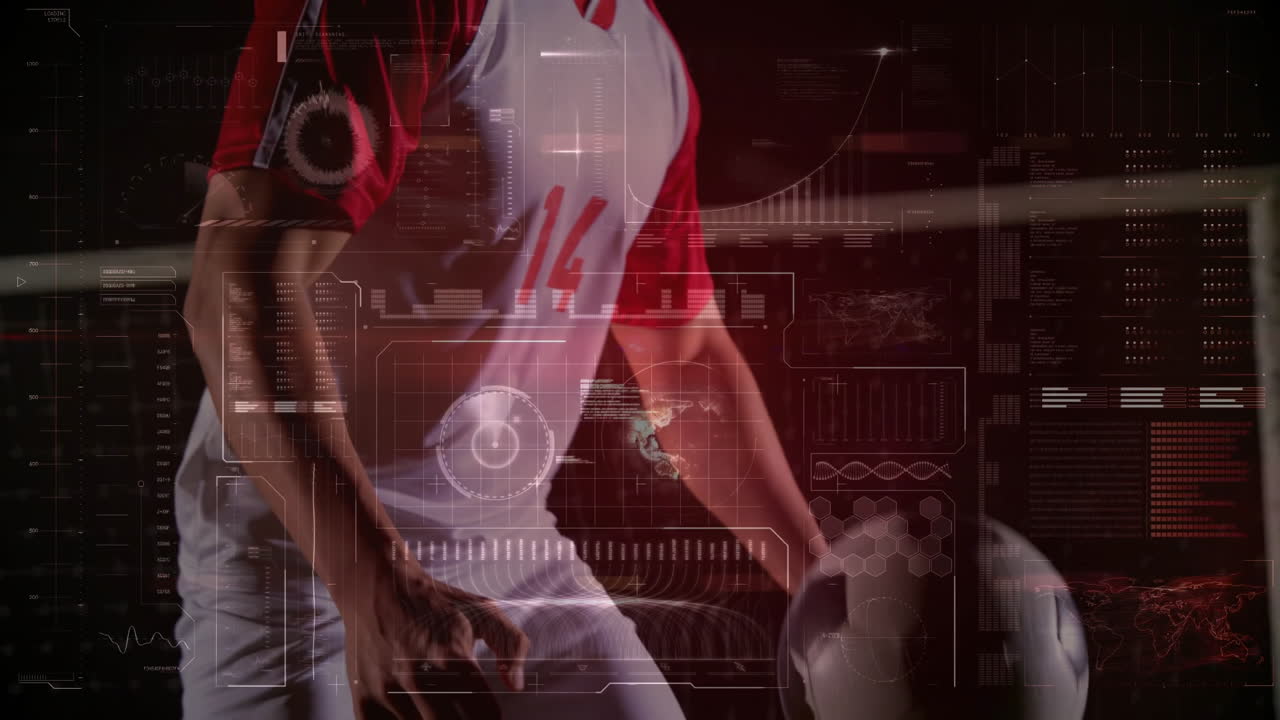 Soccer player in action with digital data processing animation overlay