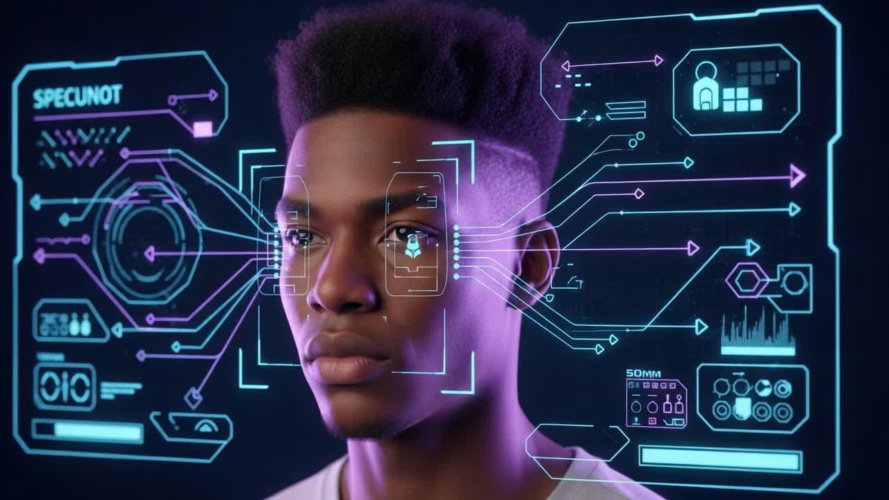 Exploring Digital Interfaces: A Close-Up of a Young Man Engaged in Futuristic Technology Featuring Augmented Reality and Data Interaction