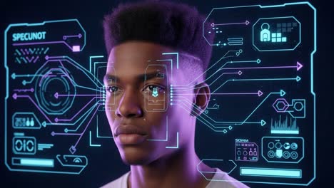 exploring digital interfaces: a close-up of a young man engaged in futuristic technology featuring augmented reality and data interaction