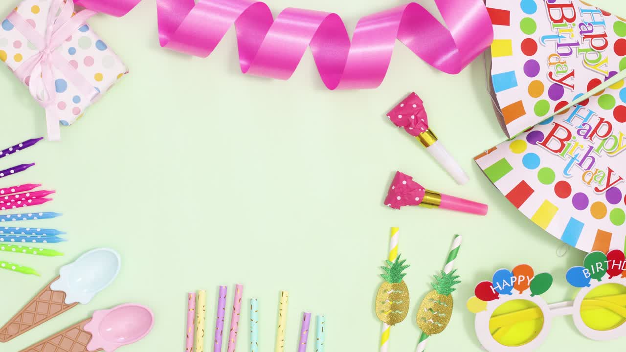 Birthday party decorations making frame for text on green theme. Stop motion