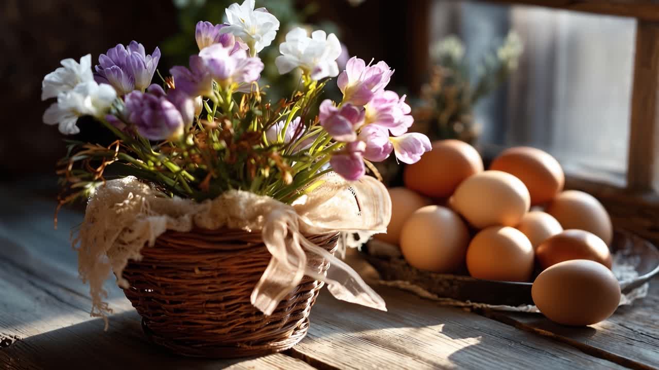 Warm sunlight bathes rustic wooden table. Wicker basket holds fresh spring flowers. Soft purple and white blooms add charm. Nearby, plate of brown eggs gleams under light