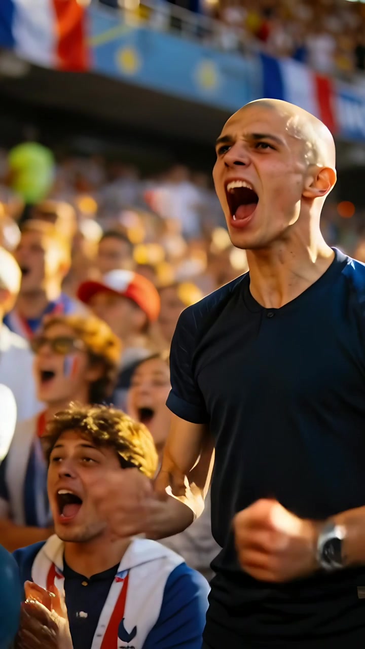 Video vertical: Aficionado calvo reaccionando a una jugada del partido, de pie y gritando en el estadio, con banderas azul marino.