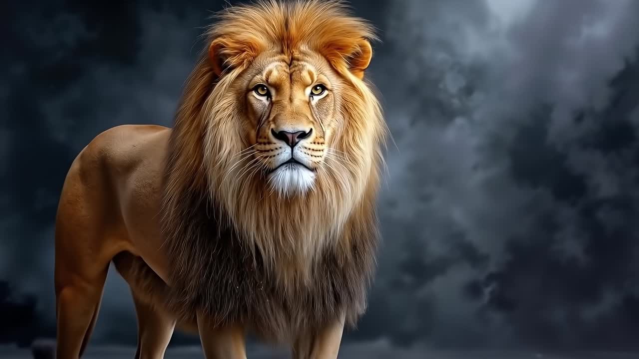 A lion standing in front of a stormy sky