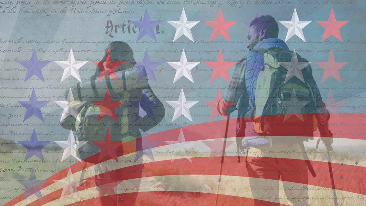 줄무 ⁇ 와 별의 애니메이션이 커플 하이킹을 이동하고 있습니다.