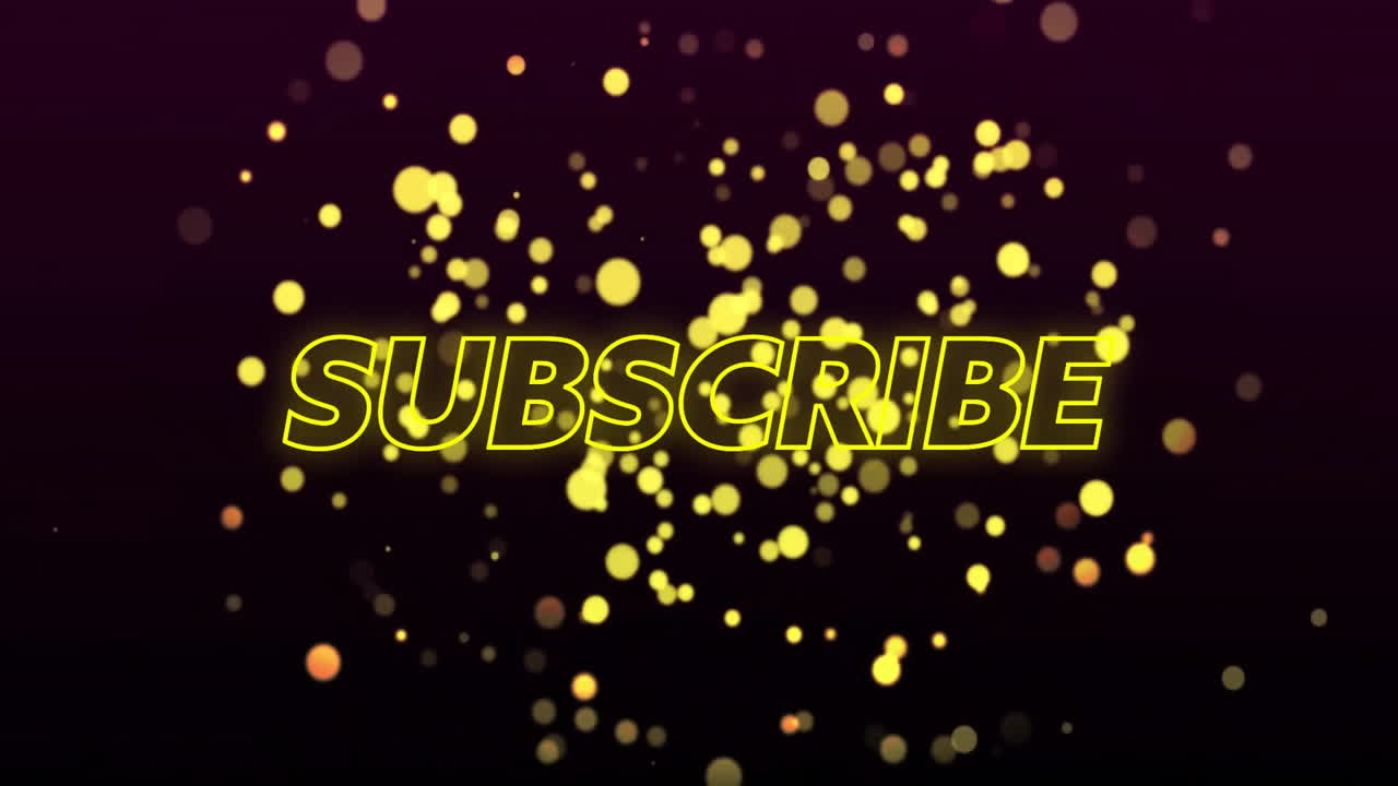 suscribirse a la animación de texto sobre luces bokeh amarillas en fondo oscuro