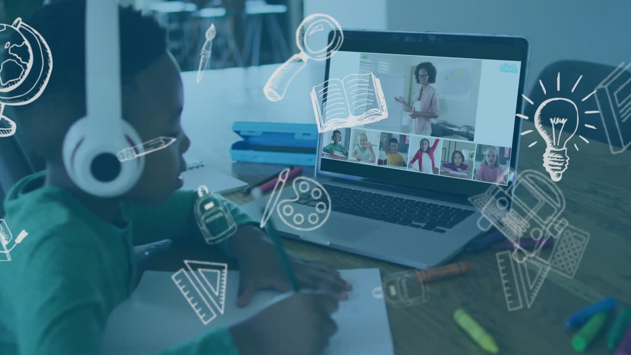 Child studying with online class on laptop, educational icons animation over screen