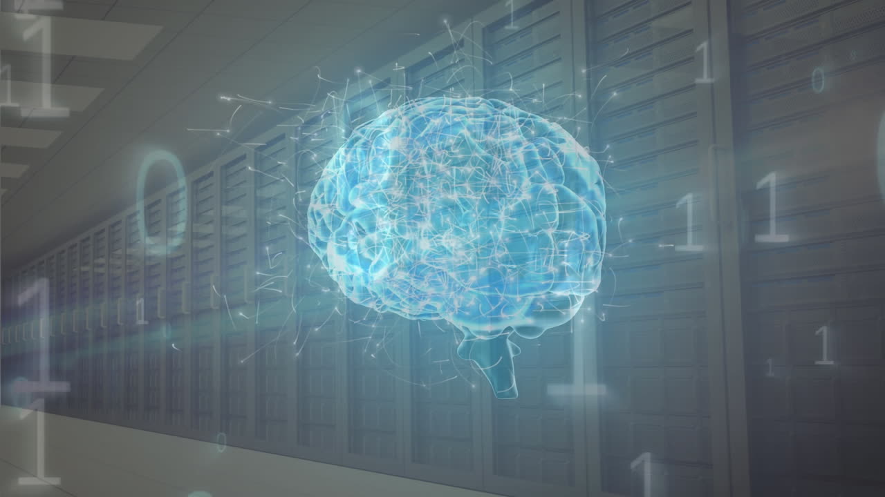 Digital composite of the human brain and binary codes inside a server room