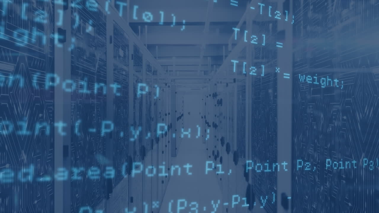 animação de linguagem de computador sobre padrão de placa de circuito em racks de servidores na sala de servidores