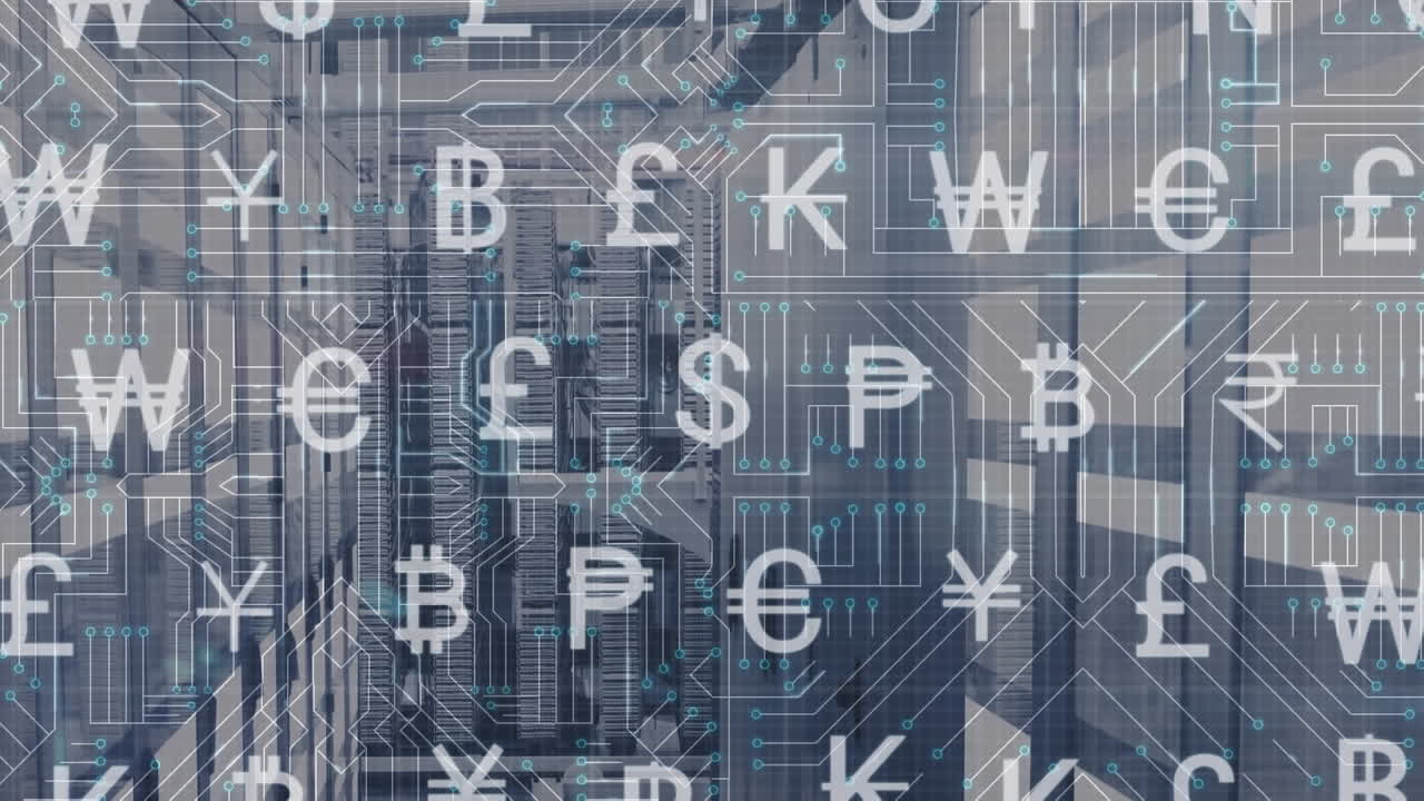 Animation of interface with currency symbols and microprocessor connections against server room