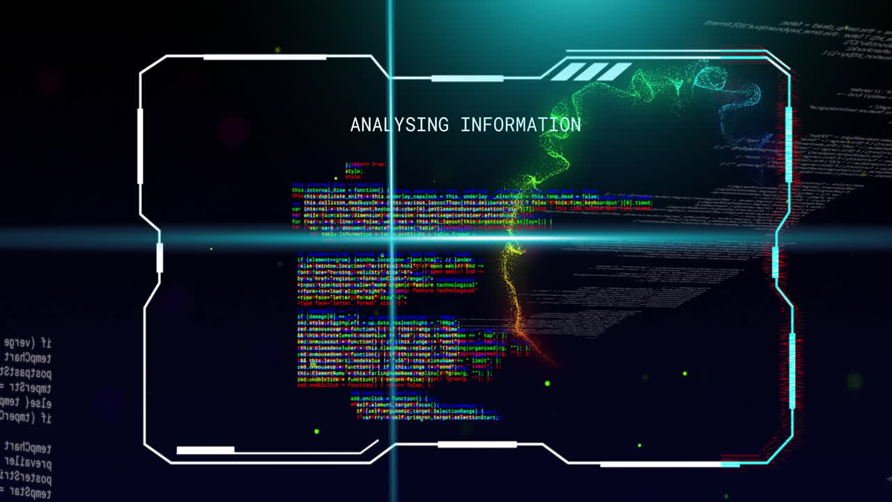 Animation of blue scanner beams and light trail over interface analysing information, on black