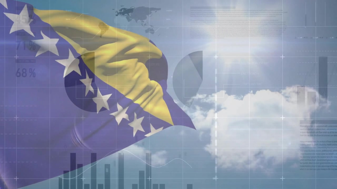 Animation of flag of bosnia and herzegovina over blue sky and charts processing data