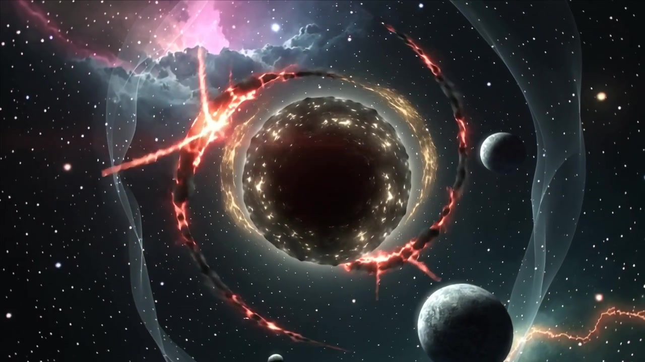 Brightening ring around void in deep space sending flare, red fissures widening, with energy rising