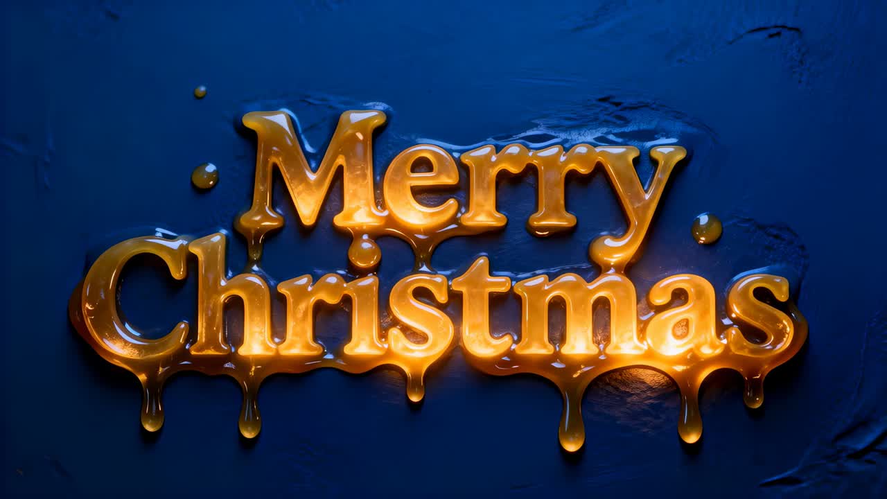 Molten motion causing 3D gold Merry Christmas lettering dripping on blue backdrop, reflecting