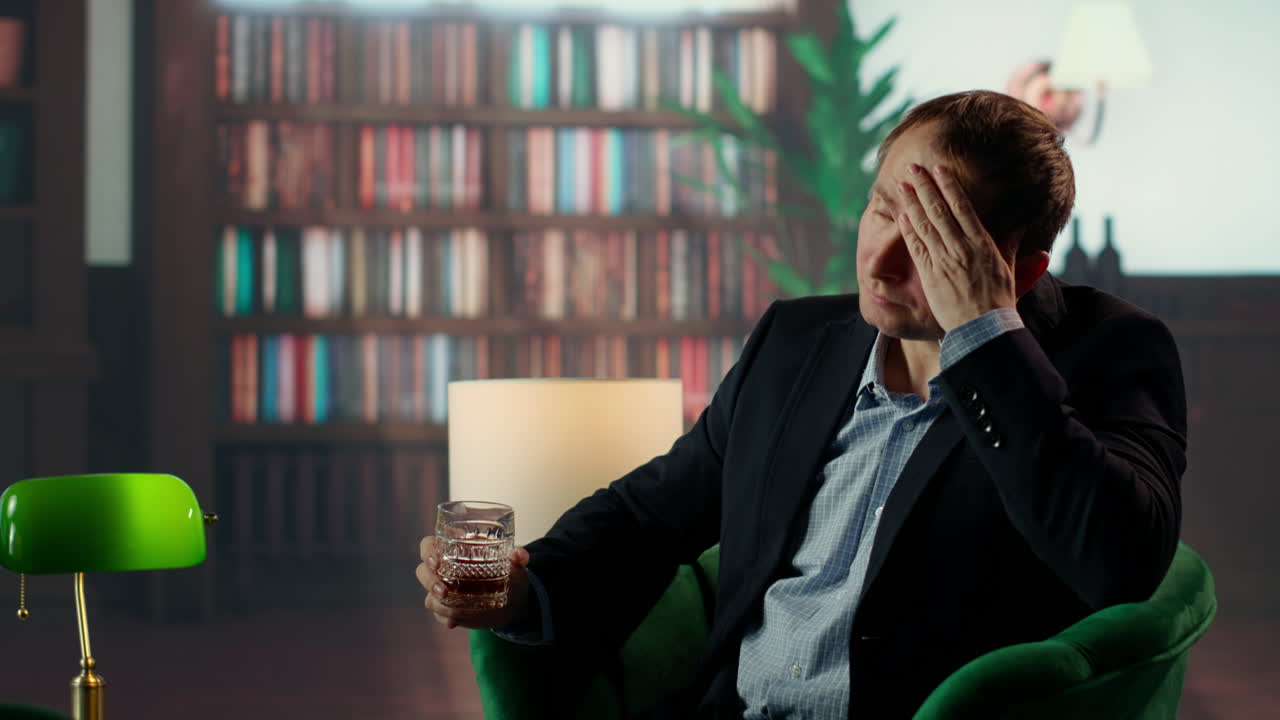 Vecchio gentiluomo dell'elite che beve whisky forte a causa dello stress