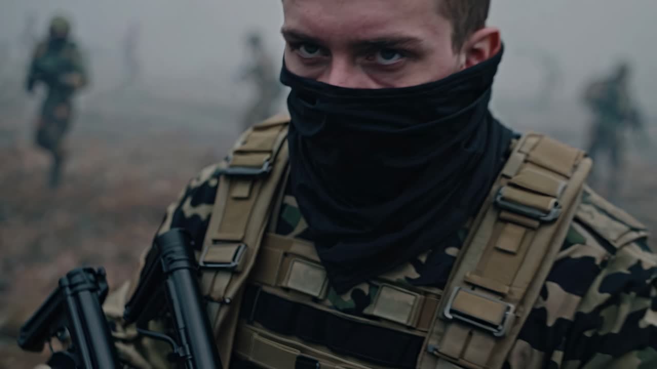 Soldier wearing camouflage and a balaclava stands in the foreground while his squad advances in the background on a foggy day, conveying a sense of military readiness and operation