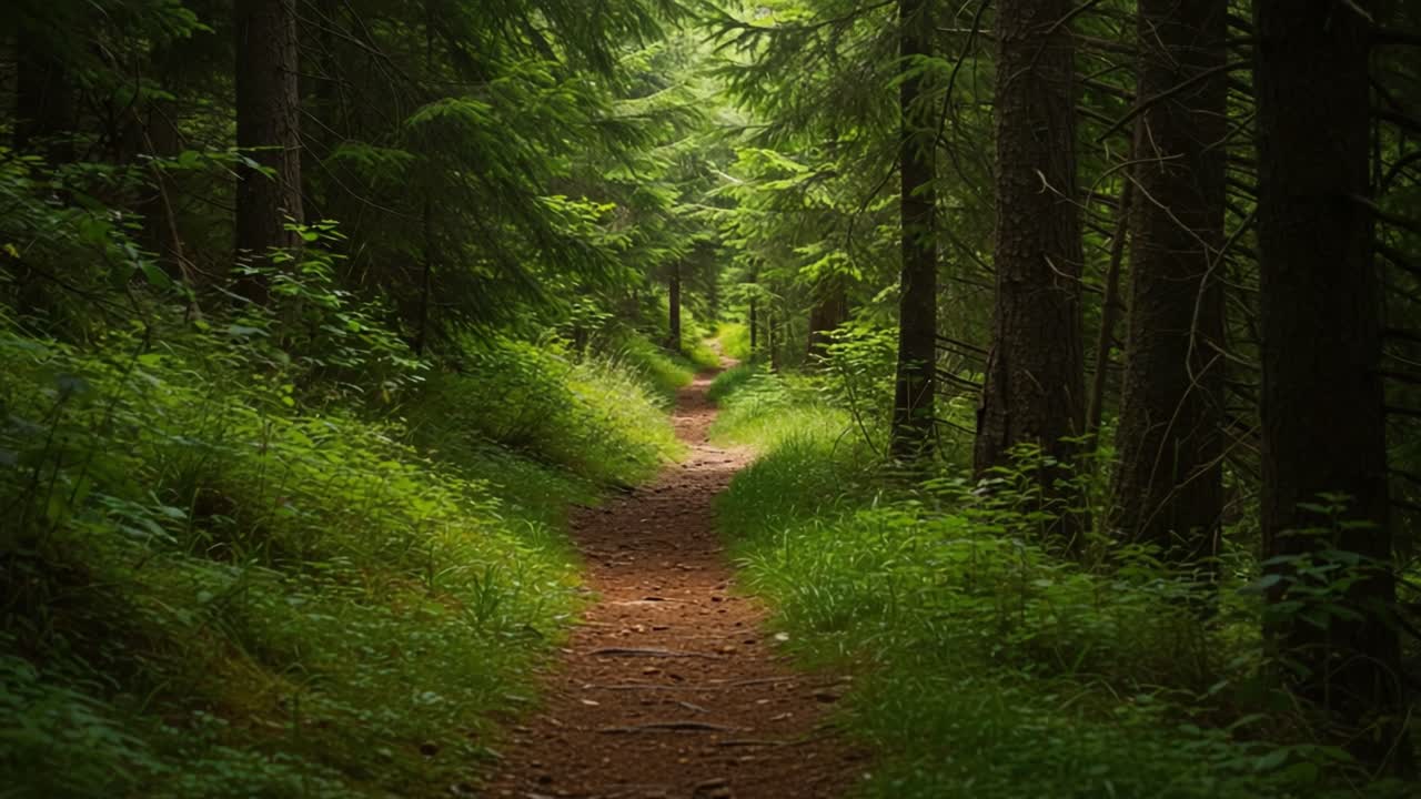 A Serene Forest Pathway Illuminated by Soft Light, Inviting Wanderers to Explore the Tranquil Beauty of Nature's Green Haven