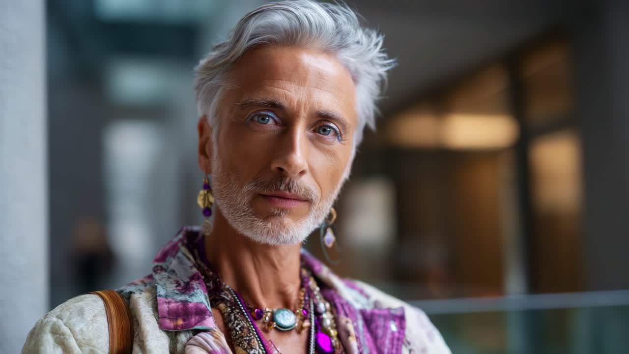 Un individuo distinto che emana stile ed eleganza attraverso una vivace gamma di gioielli e abbigliamento alla moda, ambientato in un moderno contesto urbano