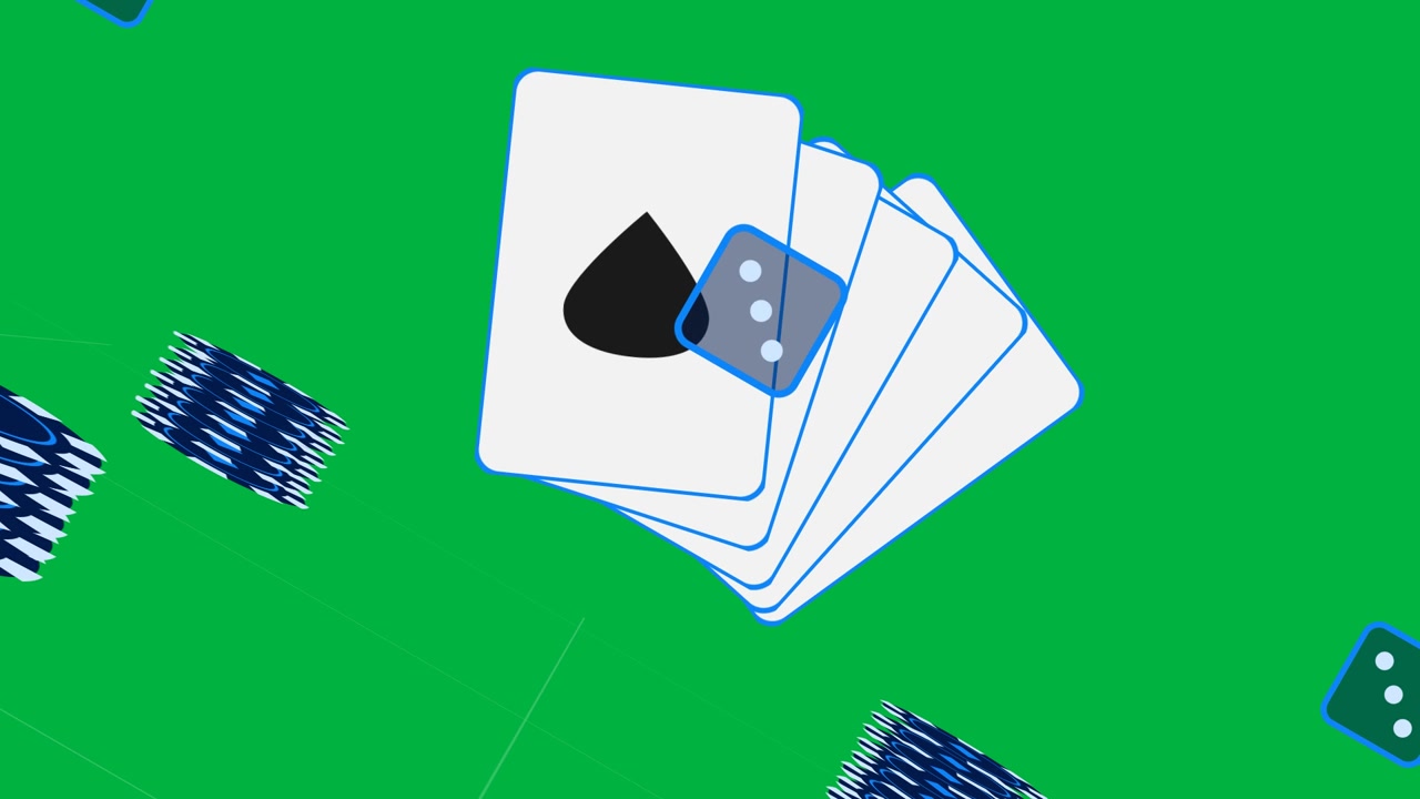 Card fan centering, blue die dropping, bouncing and rolling, showing gameplay on transparent grid