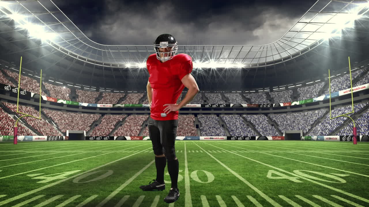 스포츠 경기장 위의 아메리칸  ⁇ 볼 선수의 애니메이션