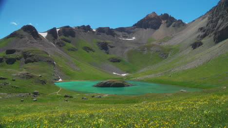 Dreamy-yellow-wildflowers-summer-Colorado-Ice-Lake-Basin-upper-trail-Island-Lake-dreamy-heavenly-paradise-San-Juan-Mountains-Telluride-Silverton-aqua-blue-clear-water-Rocky-Mountains-snow-peak-left