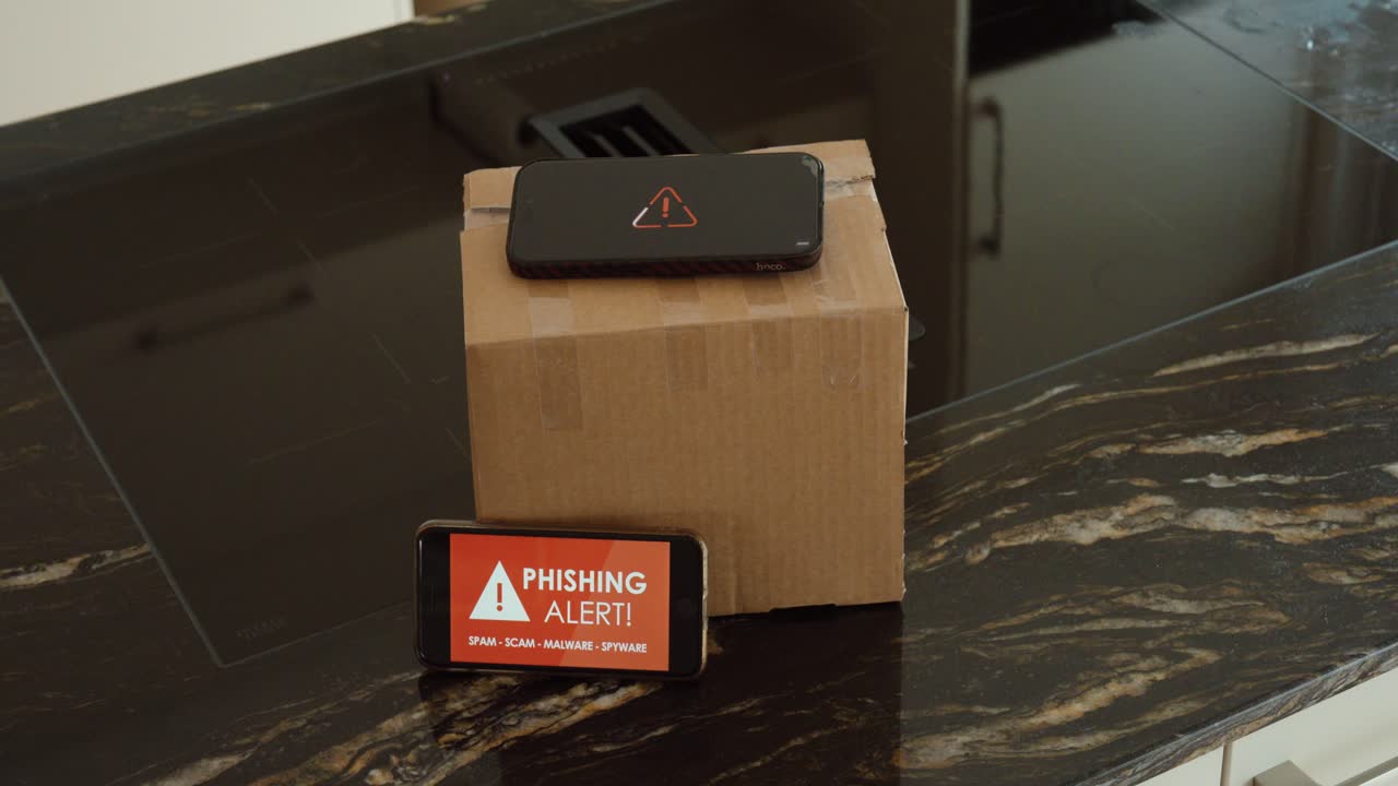 A package sits on a kitchen counter while smartphones display a phishing alert warning. Concept of delivery scams, online fraud, cybersecurity risks, and the growing threat of phishing