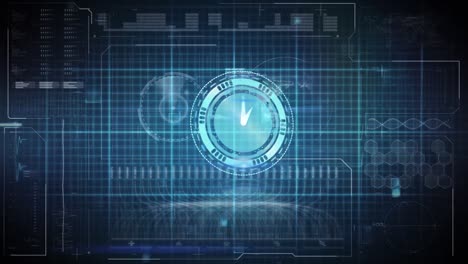 Animation-of-clock-and-cardiograph-over-data-processing-and-globe