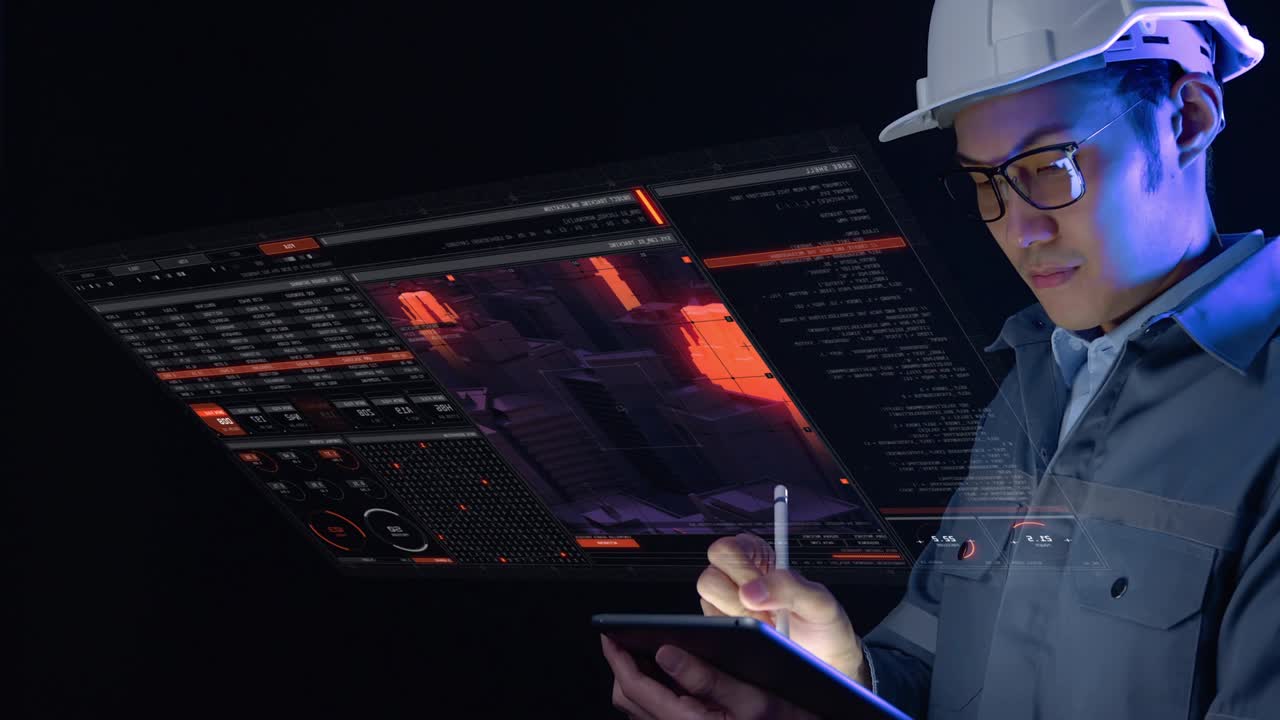 ingegnere informatico che lavora in fabbrica con un computer portatile gui interfaccia grafica utente tecnologia futuristica sci fi hud background