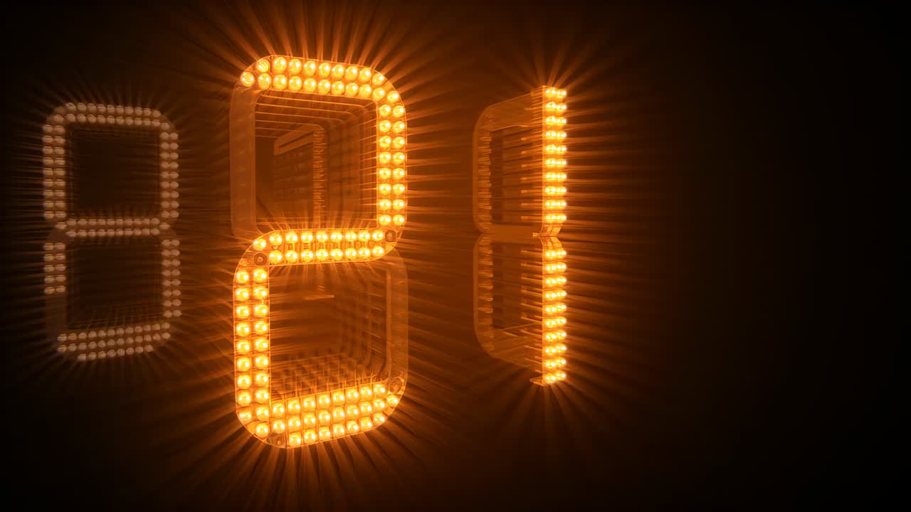 Zooming camera approaching amber LED digit 2 in studio, revealing LED elements and narrow 1