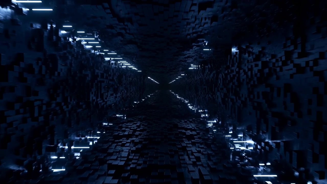 Dark abstract corridor with glowing blue light strips, seen from the center toward a distant vanishing point. The immersive geometric space creates a moody high-tech atmosphere with strong symmetry and depth
