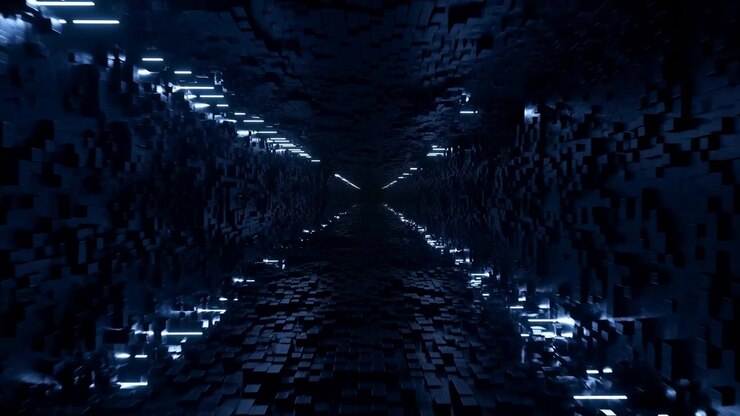 Dark abstract corridor with glowing blue light strips, seen from the center toward a distant vanishing point. The immersive geometric space creates a moody high-tech atmosphere with strong symmetry and depth