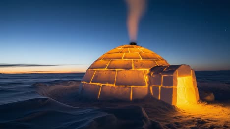 a warm glow emerges from an igloo in the arctic, showcasing the beauty of snow-covered landscapes under a twilight sky and the essence of winter living