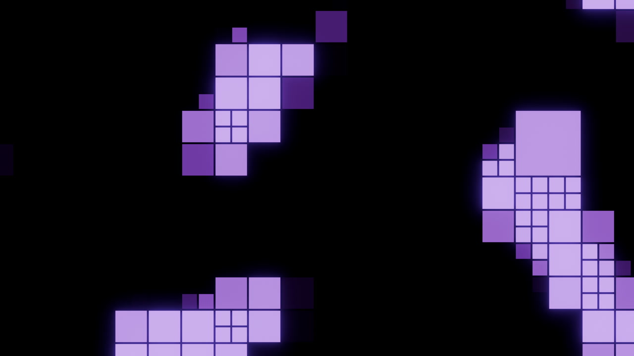 Purple Pixel Clusters Drift Over Black, Bioluminescent Islands Form And Disperse, Slow Organic Motion