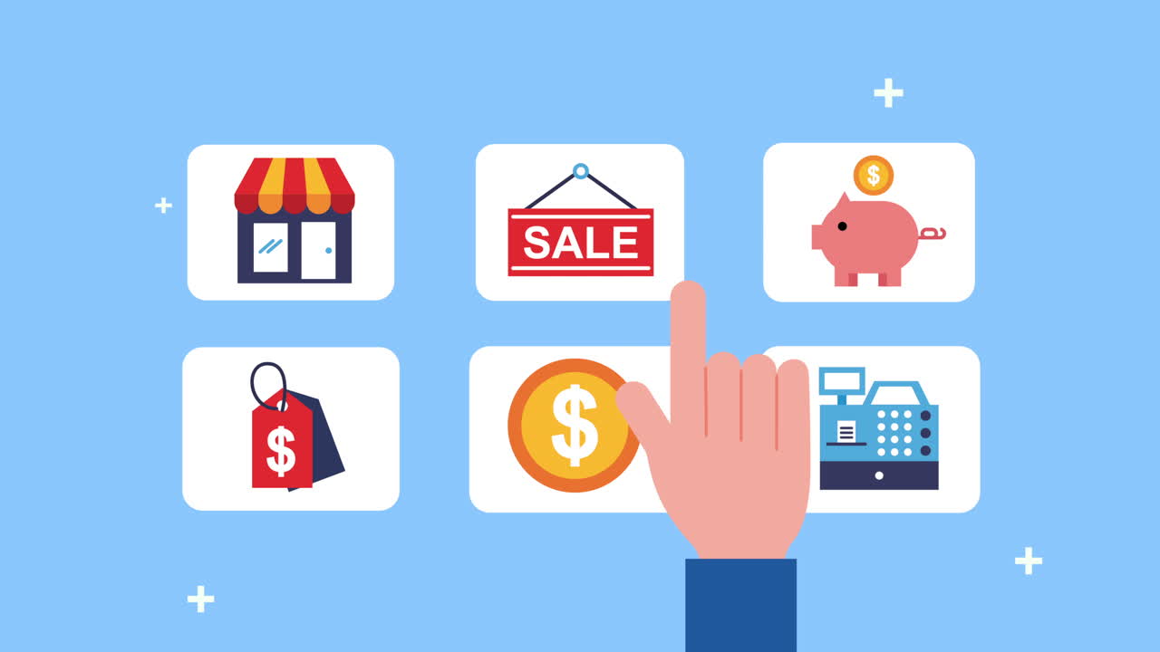 손으로 전자 상거래 메뉴 아이콘을 인스합니다.