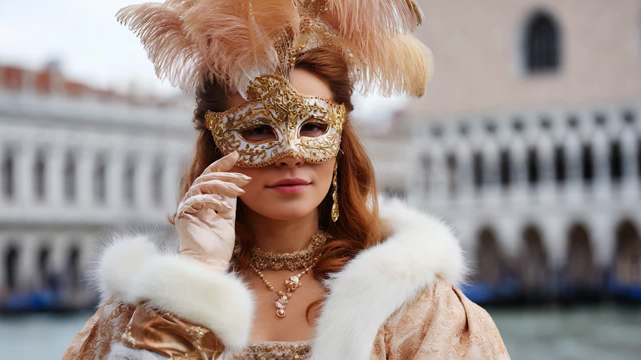 Donna elegante con maschera e costume sfarzosi a un festival, che emana grazia e mistero sullo sfondo architettonico in una pittoresca posizione sul lungomare
