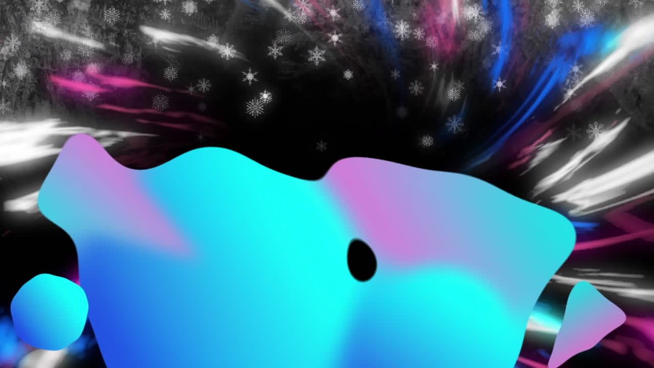 Animatie van abstract patroon over veelkleurige luchtgolven, sneeuwvlokken tegen zwarte achtergrond