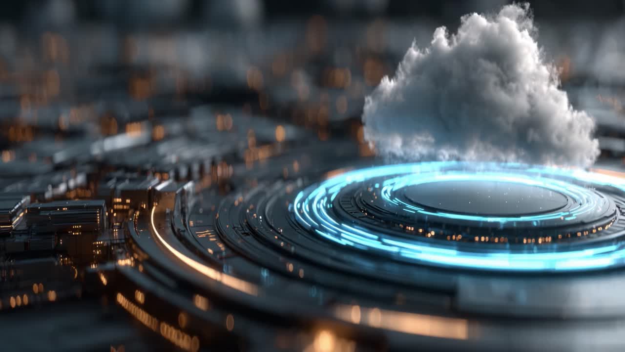Una visualizzazione straordinaria di una nuvola circondata da circuiti futuristici e luci al neon, che cattura l'essenza della tecnologia e della creatività in un panorama digitale