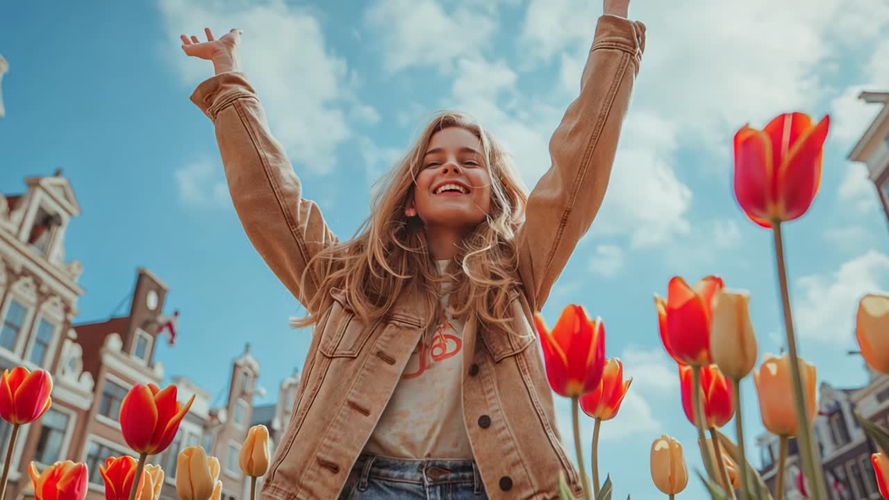 Joyful Woman in a Field of Vibrant Tulips