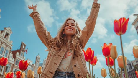 joyful woman in a field of vibrant tulips