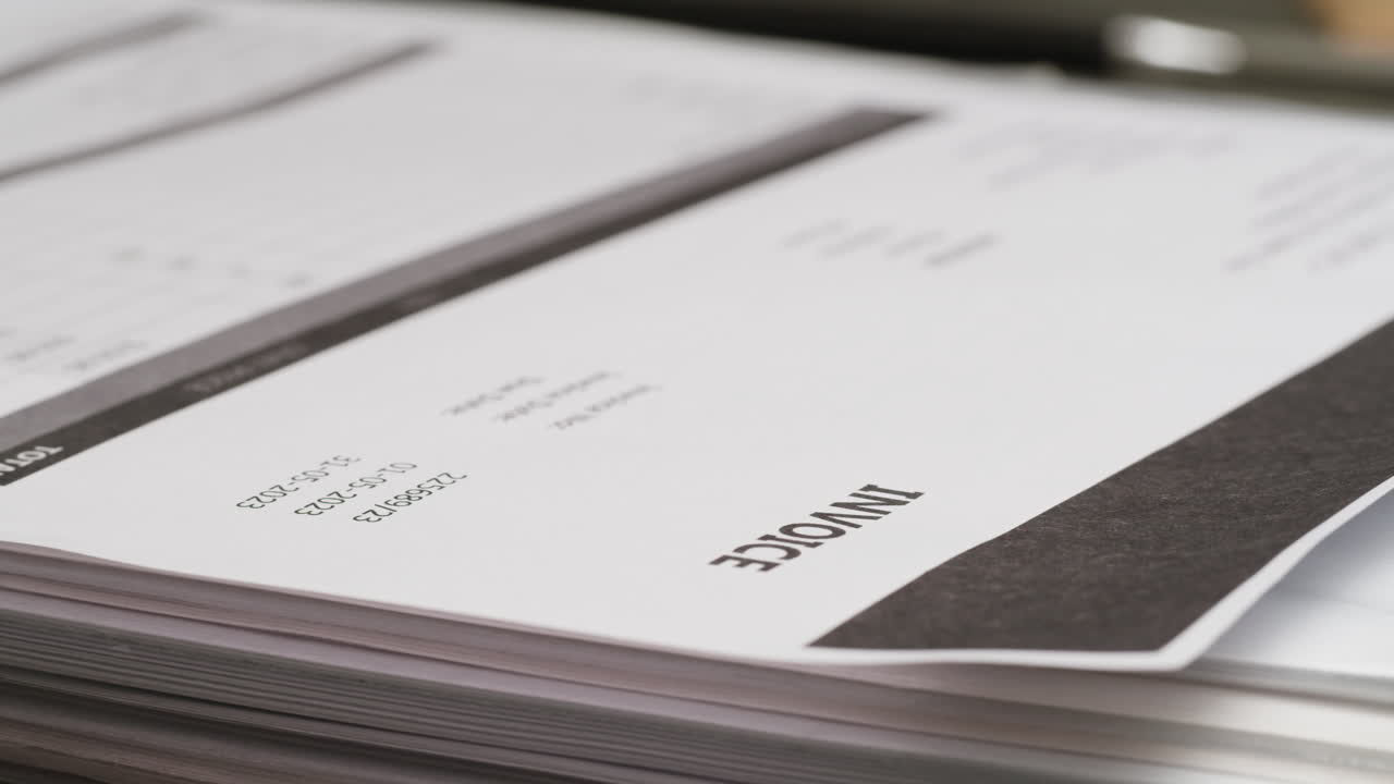 Close-up of Hand Stacking Invoices and Business Documents