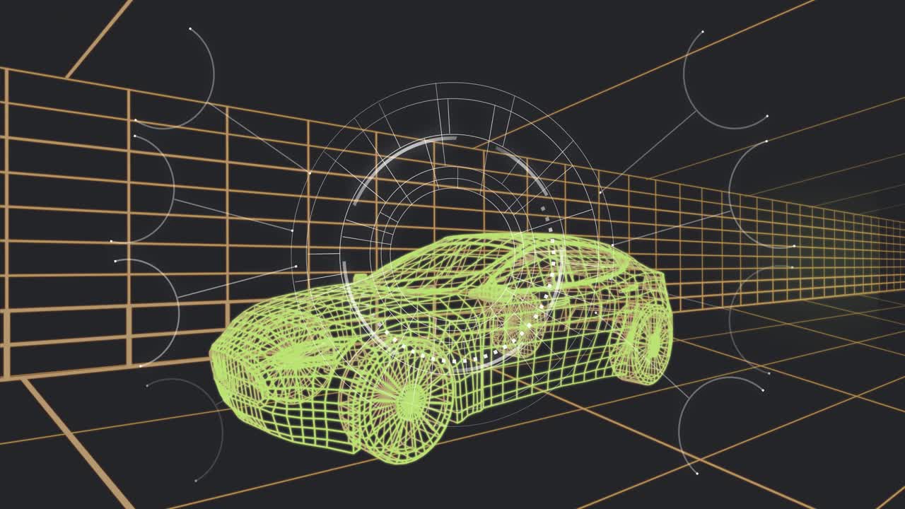 HUD ring starting rotation and pulsing, scanning neon-green wireframe car in orange grid tunnel