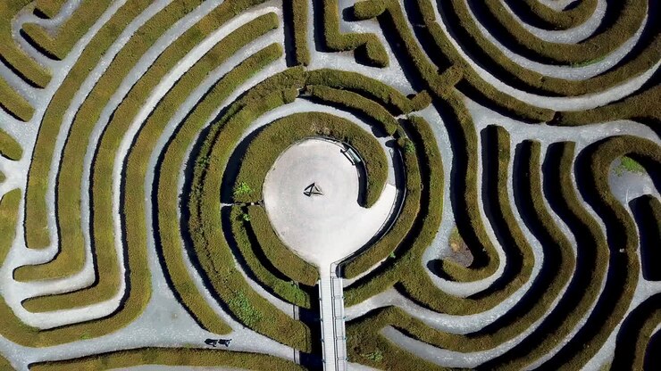 Revealing drone shot of garden maze, peace maze
