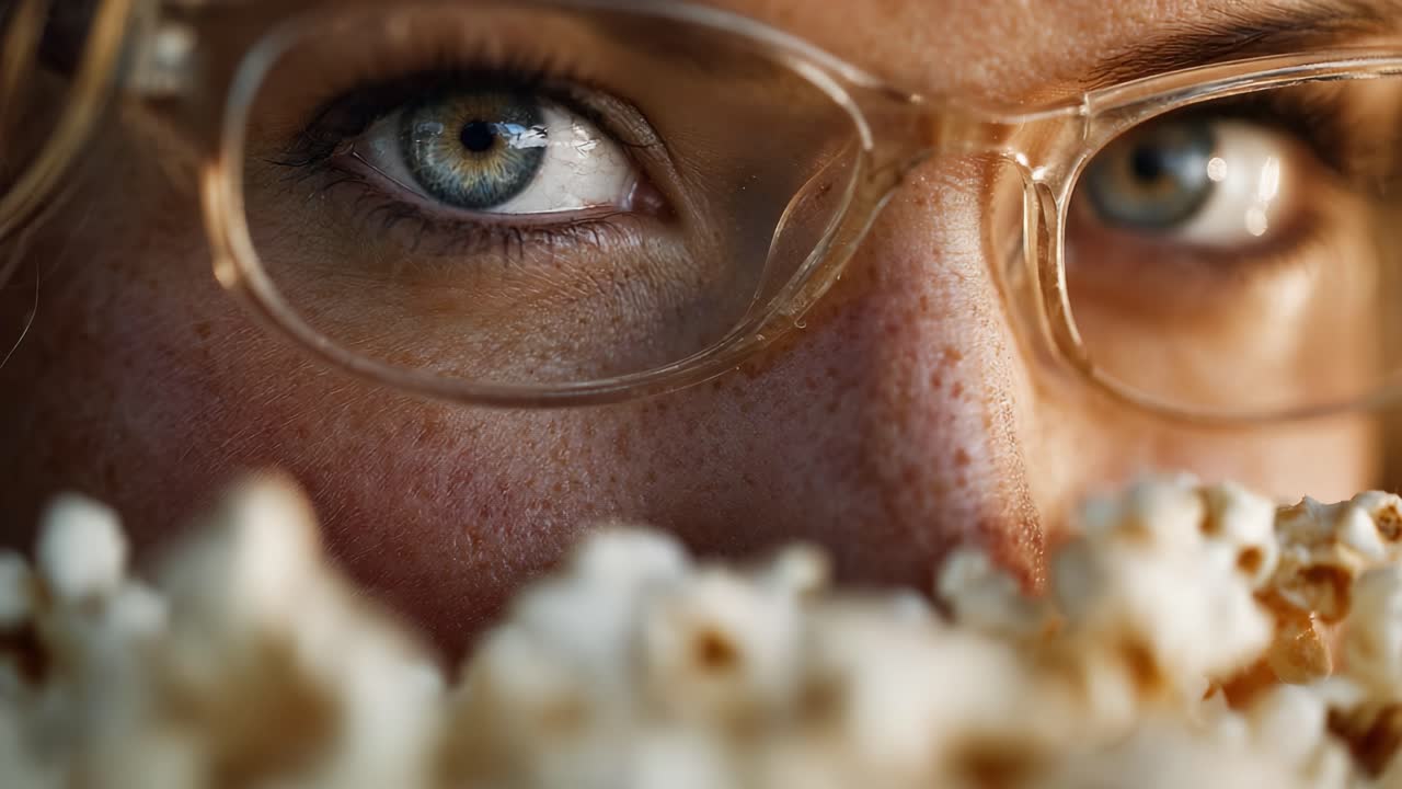 Intense Close-Up of Eyes Behind Popcorn: Captivating Gaze and Emotion Revealed in a Unique Perspective of a Movie Snack Experience
